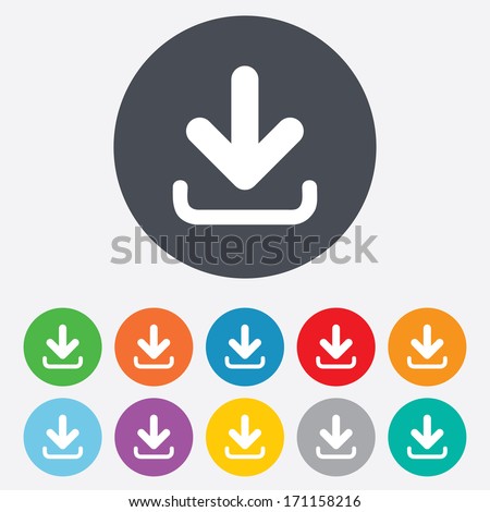 Download icon. Upload button. Load symbol. Round colourful 11 buttons. Vector