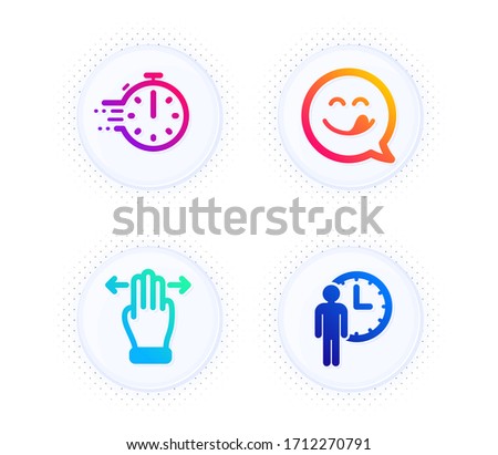 Yummy smile, Cooking timer and Multitasking gesture icons simple set. Button with halftone dots. Waiting sign. Emoticon, Stopwatch, Swipe. Service time. Technology set. Vector