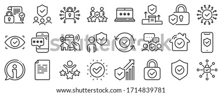 Cyber lock, password, unlock. Security line icons. Guard, shield, home security system icons. Eye access, electronic check, firewall. Internet protection, laptop password. Vector Foto d'archivio © 