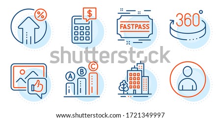 Avatar, Fastpass and Graph chart signs. Loan percent, Calculator and Buildings line icons set. 360 degrees, Like photo symbols. Growth rate, Money management. Business set. Outline icons set. Vector
