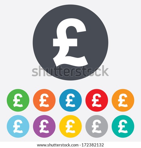 Pound sign icon. GBP currency symbol. Money label. Round colourful 11 buttons. Vector
