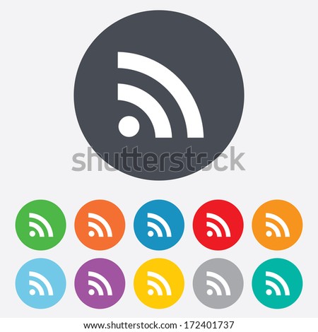 RSS sign icon. RSS feed symbol. Round colourful 11 buttons. Vector