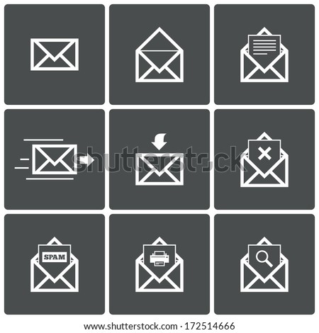 Mail icons. Mail delivery symbol. Print. Spam. Letter in envelope. Set of signs for messages. Vector illustration.