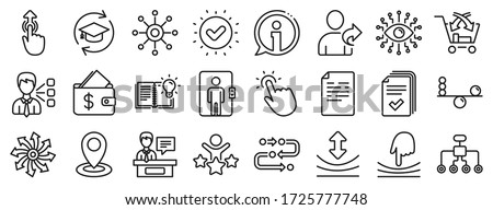 Continuing education, Methodology and Exhibitors icons. Artificial intelligence, Balance, Refer friend line icons. Swipe up, Elastic, Click here, Refer. Cross sell, Third party, Multichannel. Vector