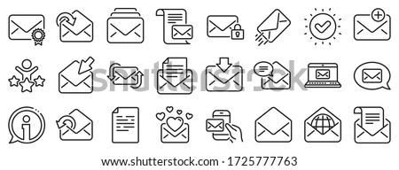 Newsletter, Email document, Correspondence icons. Mail message line icons. Received mail, Secure message and Web letter. Post office newsletter, Send email document, private communication. Vector