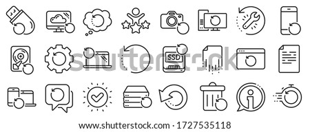 Backup, Restore data and recover document. Recovery line icons. Laptop renew, repair and phone recovery icons. Drive fix, restore information and return data. Backup document. Vector