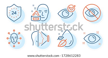 Check eye, Health eye and Not looking signs. Face id, Face cream and 24 hours line icons set. Water drop symbol. Phone scanning, Gel. Medical set. Outline icons set. Ð¡ircle with dashed line. Vector