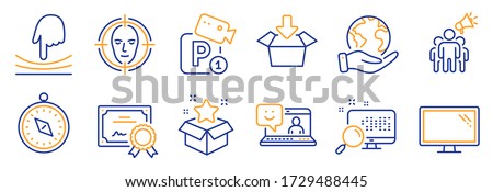 Set of Technology icons, such as Elastic, Travel compass. Certificate, save planet. Monitor, Search, Brand ambassador. Smile, Get box, Face detect. Parking security, Loyalty program line icons. Vector