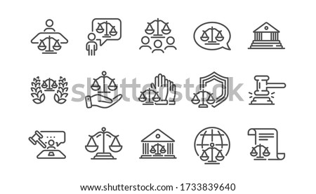 Court line icons set. Judge, Scales of Justice and Lawyer. Hammer, Law and Petition document set icons. Judgment, justice, court injunction. Gavel judge hammer, rulings, presiding officer. Vector