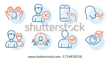 Check eye, Wash hands and Couple signs. Business targeting, Breathing exercise and Hold smartphone line icons set. Identity confirmed, Remove account symbols. People and target aim, Breath. Vector