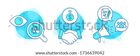 Approved agreement, Friends world and Group line icons set. Handshake deal, research and promotion complex icons. Contactless payment sign. Signature document, Love, Group of users. Vector