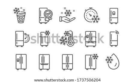 Fridge line icons set. Refrigerator, freezer storage, smart fridge machine. Cooler box, water with ice, thermometer icons. Wi-fi remote access, thermostat timer, smart freezer. Linear set. Vector