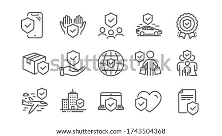 Insurance line icons set. Health care, risk, help service. Car accident, travel insurance, flight protection icons. Safety document, delivery risk. Car full coverage. Linear set. Vector