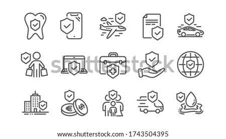 Insurance line icons set. Family care, risk, help service. Car accident, flood insurance, flight protection icons. Safety document, money savings, delivery risk. Car full coverage. Linear set. Vector