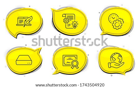Copyright laptop sign. Diploma certificate, save planet chat bubbles. Cogwheel, Time management and Mini pc line icons set. Idea bulb, Settings, Computer. Writer device. Science set. Vector