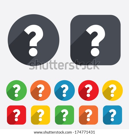 Question mark sign icon. Help symbol. FAQ sign. Circles and rounded squares 12 buttons. Vector