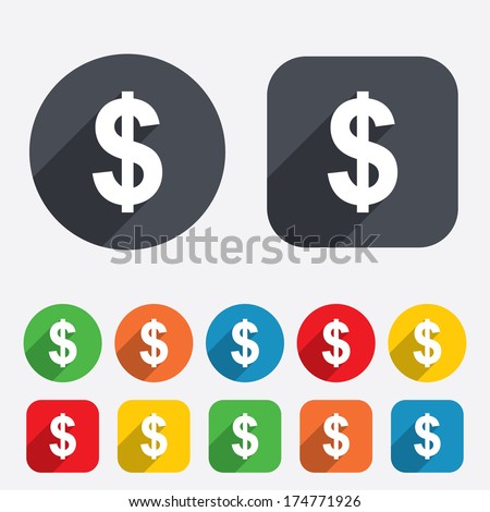 Dollars sign icon. USD currency symbol. Money label. Circles and rounded squares 12 buttons. Vector