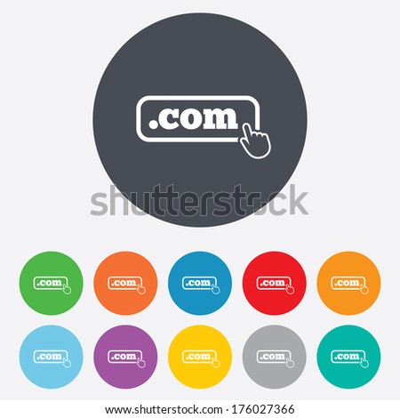 Domain COM sign icon. Top-level internet domain symbol with hand pointer. Round colourful 11 buttons. Vector