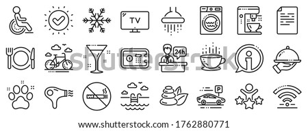 Wi-Fi, Air conditioning and Coffee maker machine. Hotel service line icons. Spa stones, swimming pool and bike rental icons. Hotel parking, safe and shower. Food, coffee cup. Vector