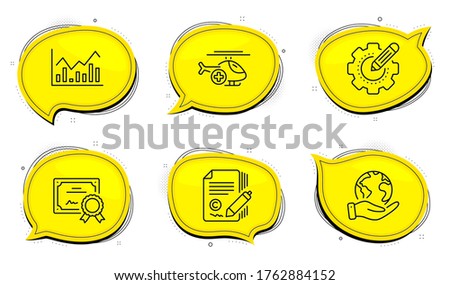Sky transport, Stock exchange, Ð¡opyright signs. Diploma certificate, save planet chat bubbles. Medical helicopter, Infochart and Copywriting line icons set. Outline icons set. Vector