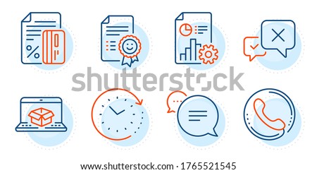 Reject, Call center and Smile signs. Time change, Report and Credit card line icons set. Online delivery, Text message symbols. Clock, Presentation document. Technology set. Outline icons set. Vector