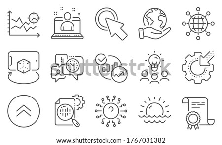 Set of Science icons, such as Seo stats, Statistics. Diploma, ideas, save planet. Augmented reality, Seo analysis, Click here. International globe, Swipe up, Best manager. Vector