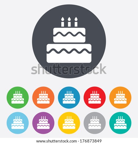 Birthday cake sign icon. Cake with burning candles symbol. Round colourful 11 buttons. Vector