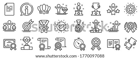 Winner cup, goal target, certificate. Success line icons. Reward, medal with ribbon, crown icons. Award, winner podium, first place success. Statue, diploma with certificate, challenge. Vector