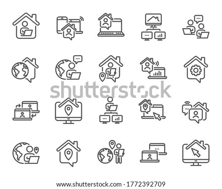 Work at home line icons. Remote worker, Freelance job, Office employee. Stay at home, internet work, remote teamwork line icons. Worker with computer, home workspace, shared network. Vector