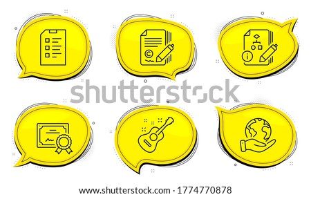 Checklist sign. Diploma certificate, save planet chat bubbles. Guitar, Algorithm and Copywriting line icons set. Acoustic instrument, Project, Ð¡opyright signature. Outline icons set. Vector