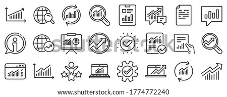 Set of Chart, Report document and Graph icons. Analytics, Statistics line icons. Data analytics, Presentation chart and Communication. Global Statistics, hold document and checklist report. Vector