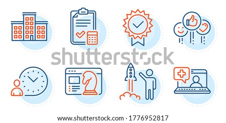 Time management, Like and Accounting checklist signs. Company, Launch project and Seo strategy line icons set. Certificate, Medical help symbols. Building, Business innovation. Vector