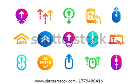 Scrolling mouse, landing page swipe signs. Swipe up icons. Scroll up mobile device technology icons. Website scroll navigation. Classic set. Gradient patterns. Quality signs set. Vector