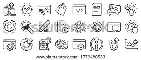 Website stats, Target and Increase sales signs. Seo line icons. Traffic management, social network and seo optimization icons. Gear wheel, Search engine and increase mobile sales. Vector