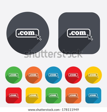 Domain COM sign icon. Top-level internet domain symbol with cursor pointer. Circles and rounded squares 12 buttons. Vector