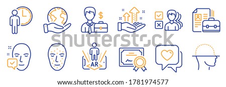 Set of People icons, such as Waiting, Face biometrics. Certificate, save planet. Augmented reality, Analysis graph, Vacancy. Face accepted, Businessman case, Heart. Opinion line icons. Vector