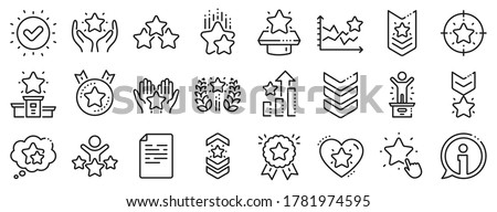First place, star rating and winner medal. Ranking line icons. Shoulder strap, army achievement and victory ribbon icons. Star ranking, champion and winner trophy. Best level. Vector