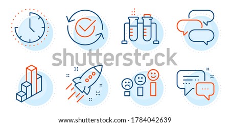 Startup rocket, 3d chart and Employees messenger signs. Approved, Chemistry beaker and Customer satisfaction line icons set. Talk bubble, Time symbols. Refresh symbol, Laboratory flask. Vector