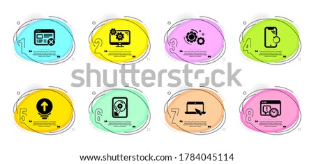 Swipe up, Gears and Reject web signs. Timeline infographic. Smartphone recovery, Portable computer and Hdd line icons set. Project deadline, Settings symbols. Phone repair, Notebook device. Vector