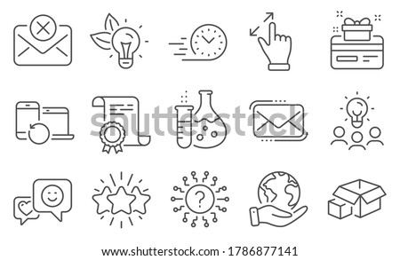 Set of Technology icons, such as Messenger mail, Star. Diploma, ideas, save planet. Eco energy, Fast delivery, Recovery devices. Touchscreen gesture, Smile, Packing boxes. Vector