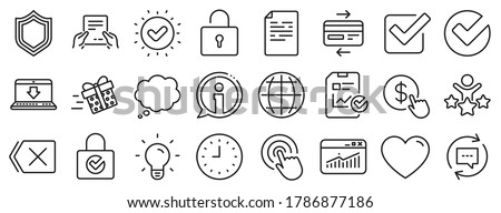 Statistics, Gift box and Light bulb icons. Report document, Time line icons. Credit card, Download document and Lock. Gift delivery, Check report and Protection Shield. Clock time, light bulb. Vector