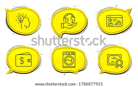 Idea sign. Diploma certificate, save planet chat bubbles. Seo statistics, Washing machine and Dollar wallet line icons set. Analytics chart, Laundry service, Cash money. Creative designer. Vector