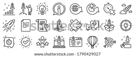 Launch Project, Business report, Target icons. Startup line icons. Strategy, Development plan, Startup space rocket. Air balloon, Out of the Box strategy and Business innovation report. Vector