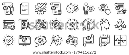 Set of Idea bulb, Dividers tools and Blueprint linear icons. Engineering line icons. Cogwheel, calculate price, mechanical tools. Idea bulb with cog, architect dividers, engineering people. Vector