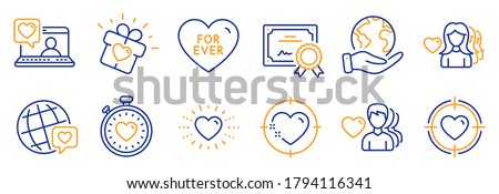 Set of Love icons, such as Love gift, Heart. Certificate, save planet. Valentine target, Heart target, World brand. Heartbeat timer, Woman love, Friends chat. For ever line icons. Vector