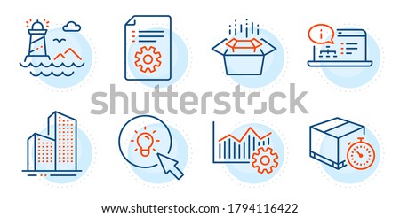 Technical documentation, Energy and Delivery timer signs. Operational excellence, Online documentation and Lighthouse line icons set. Packing boxes, Skyscraper buildings symbols. Vector