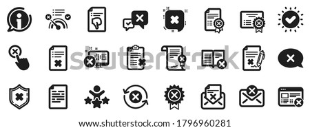 Set of Decline certificate, Cancellation and Dislike icons. Reject or cancel icons. Refuse, Reject stamp, Disapprove or cancel. Wrong agreement, delete certificate, checklist document. Vector