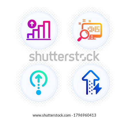 Swipe up, Search and Graph chart icons simple set. Button with halftone dots. Energy growing sign. Scrolling page, Find file, Growth report. Power usage. Technology set. Vector