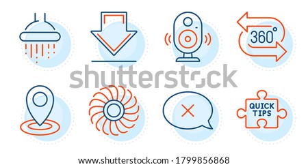 Fan engine, Location and Downloading signs. 360 degree, Quick tips and Shower line icons set. Reject, Speaker symbols. Virtual reality, Tutorials. Technology set. Outline icons set. Vector