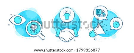 Dry t-shirt, Air balloon and Time line icons set. Handshake deal, research and promotion complex icons. Truck parking sign. Laundry shirt, Flight travel, Clock. Free park. Vector